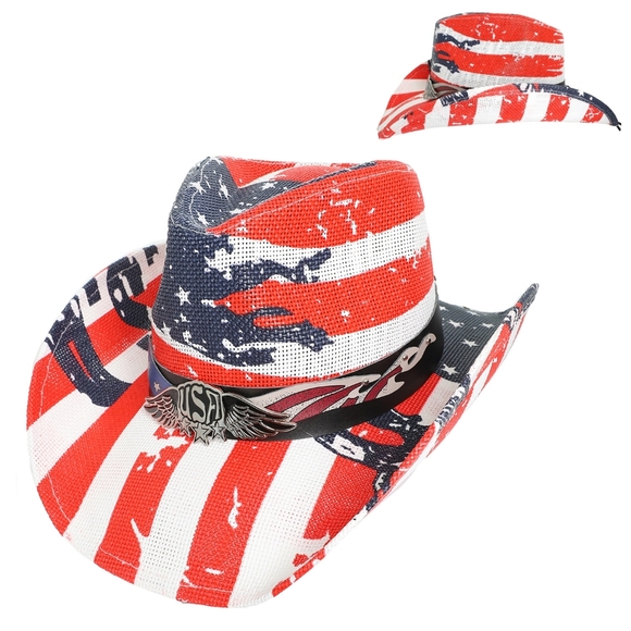 New Patriotic Western USA Flag Paper Braid Cowboy Hat